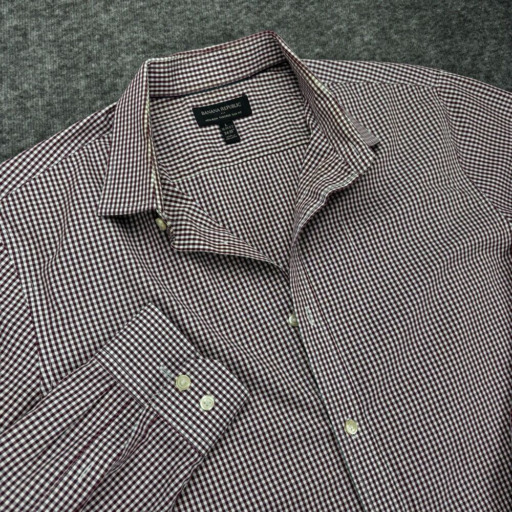 Banana Republic Mens L 16-16.5 Non-Iron Tailored Slim Fit Burgundy Gingham Shirt